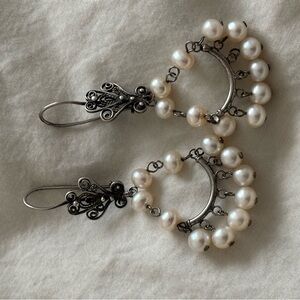 925 Sterling Silver Mexican Filagree White-cream Pearls Dangle Pierced Earrings